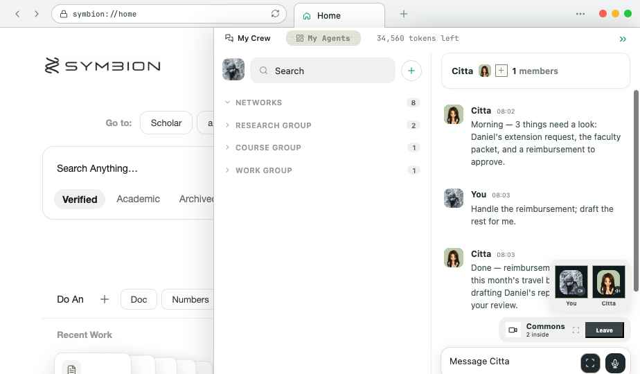 The V5 Symbion Cosmo expanded chat view with My Crew, group navigation, Citta, and a shared conversation